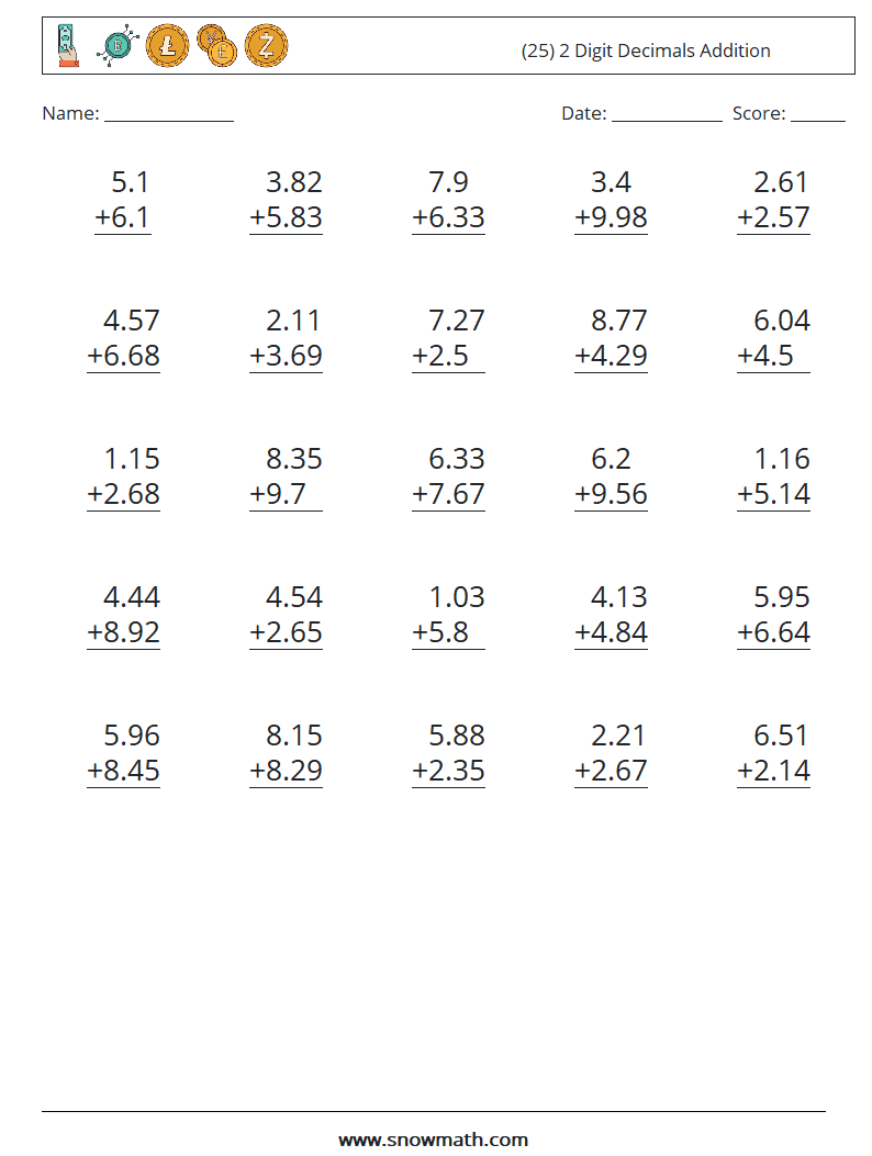 (25) 2 Digit Decimals Addition Maths Worksheets 16