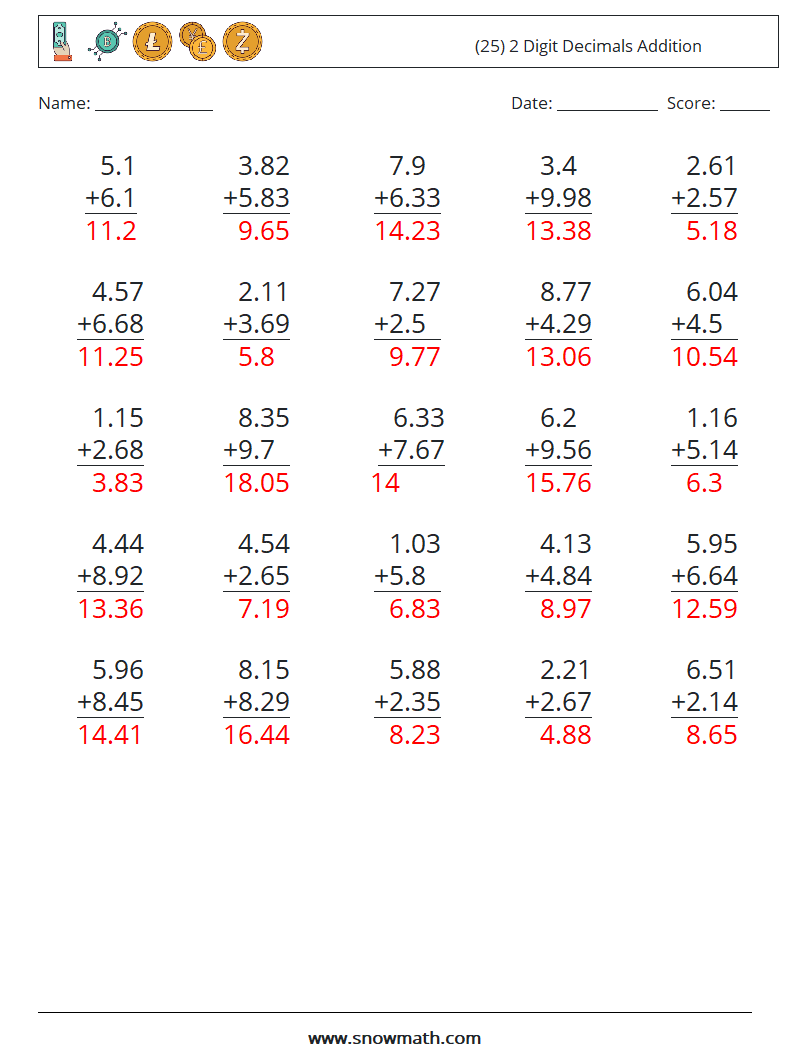 (25) 2 Digit Decimals Addition Math Worksheets 16 Question, Answer