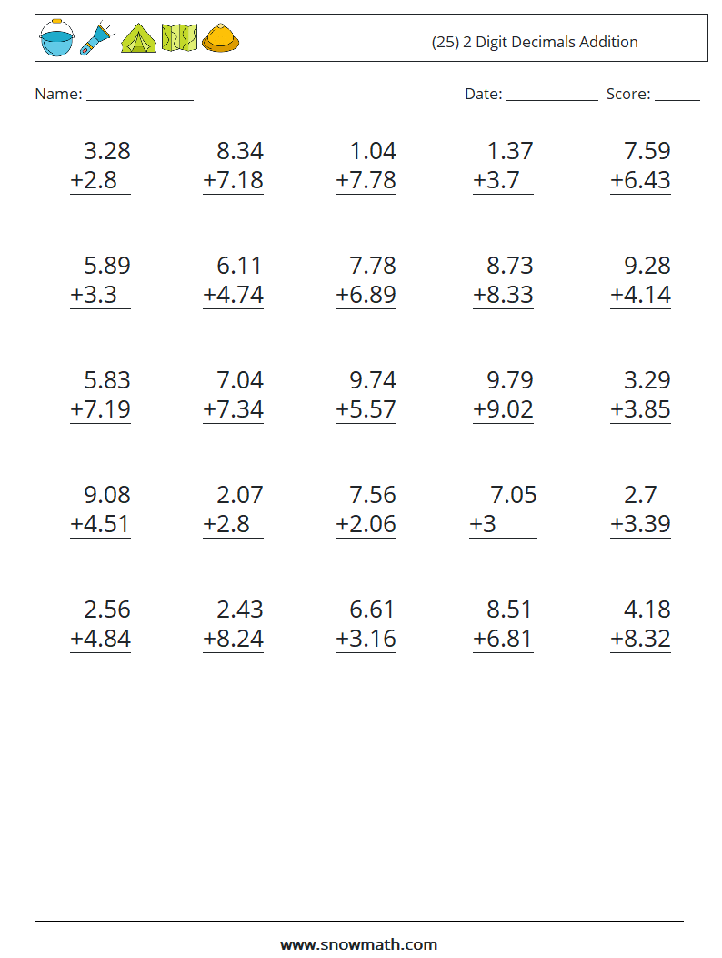 (25) 2 Digit Decimals Addition Math Worksheets 17