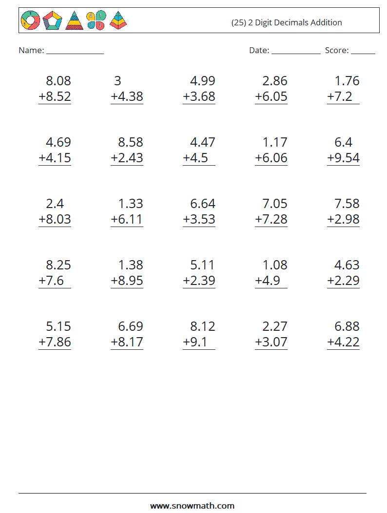 (25) 2 Digit Decimals Addition Maths Worksheets 18
