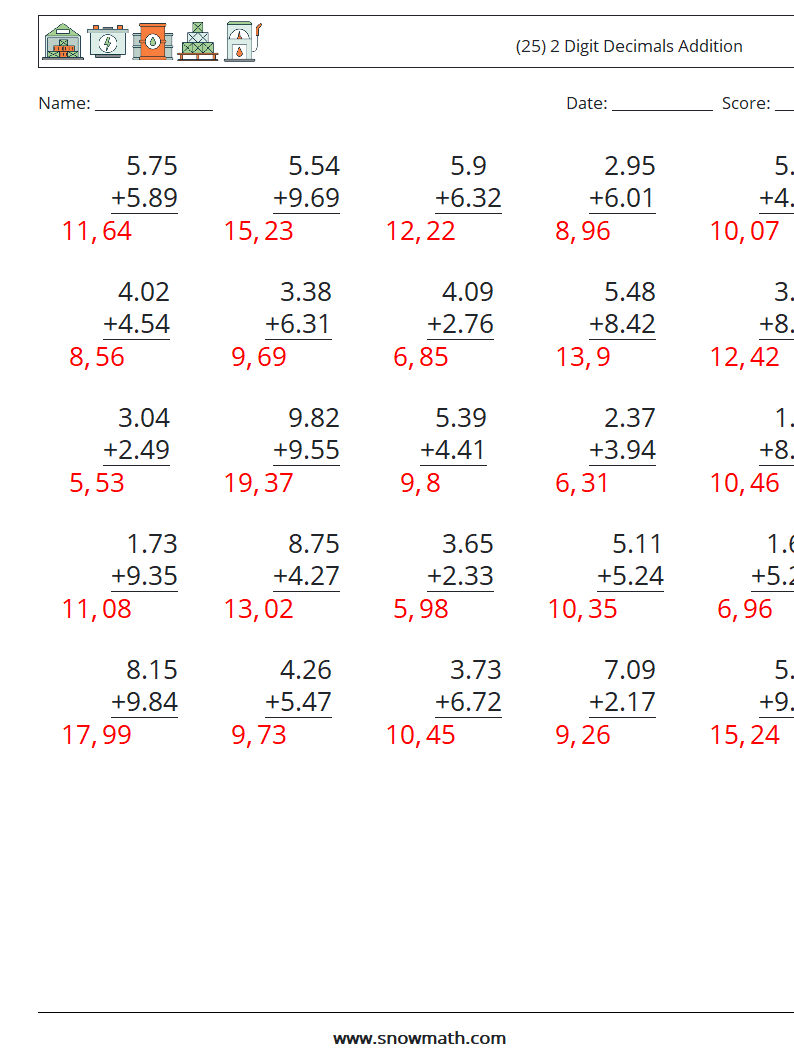 (25) 2 Digit Decimals Addition Math Worksheets 1 Question, Answer