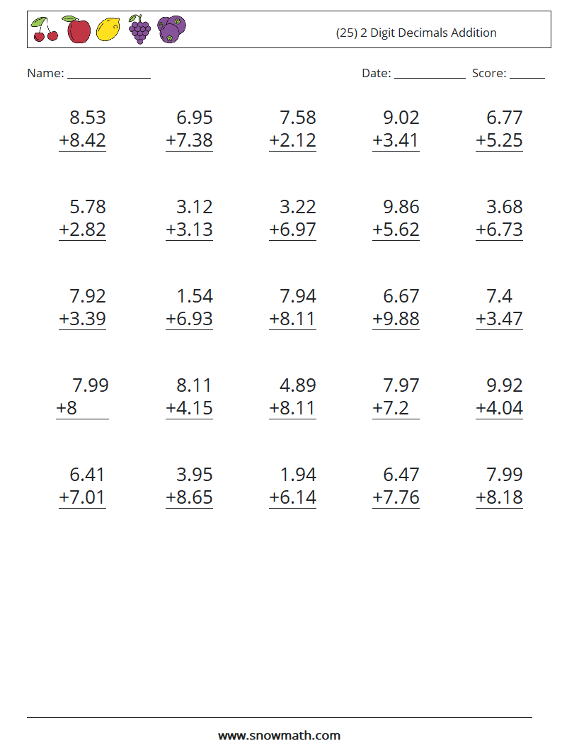 (25) 2 Digit Decimals Addition Math Worksheets 2