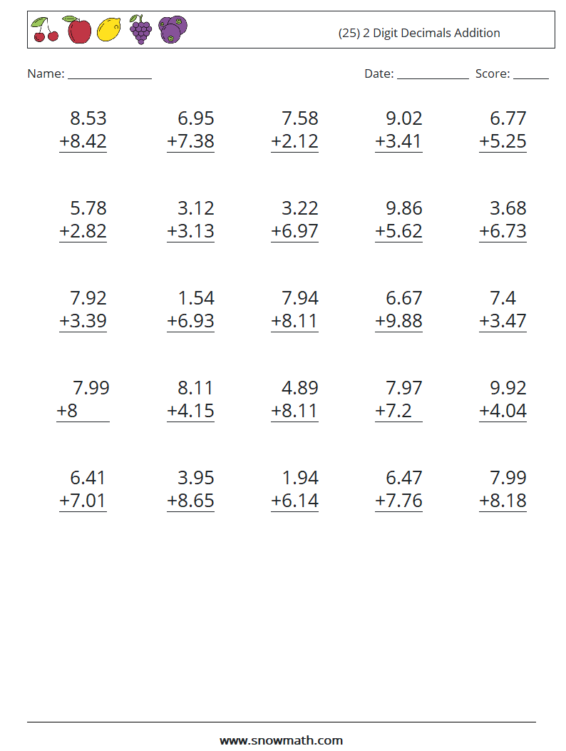 (25) 2 Digit Decimals Addition Maths Worksheets 2