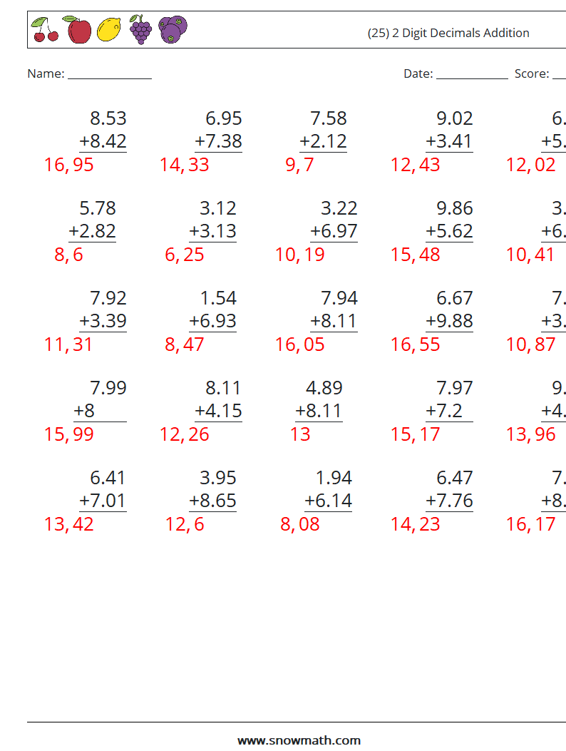 (25) 2 Digit Decimals Addition Math Worksheets 2 Question, Answer