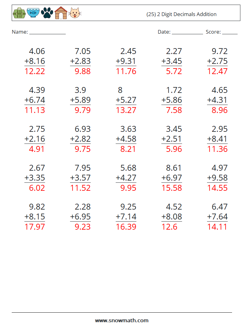 (25) 2 Digit Decimals Addition Math Worksheets 3 Question, Answer