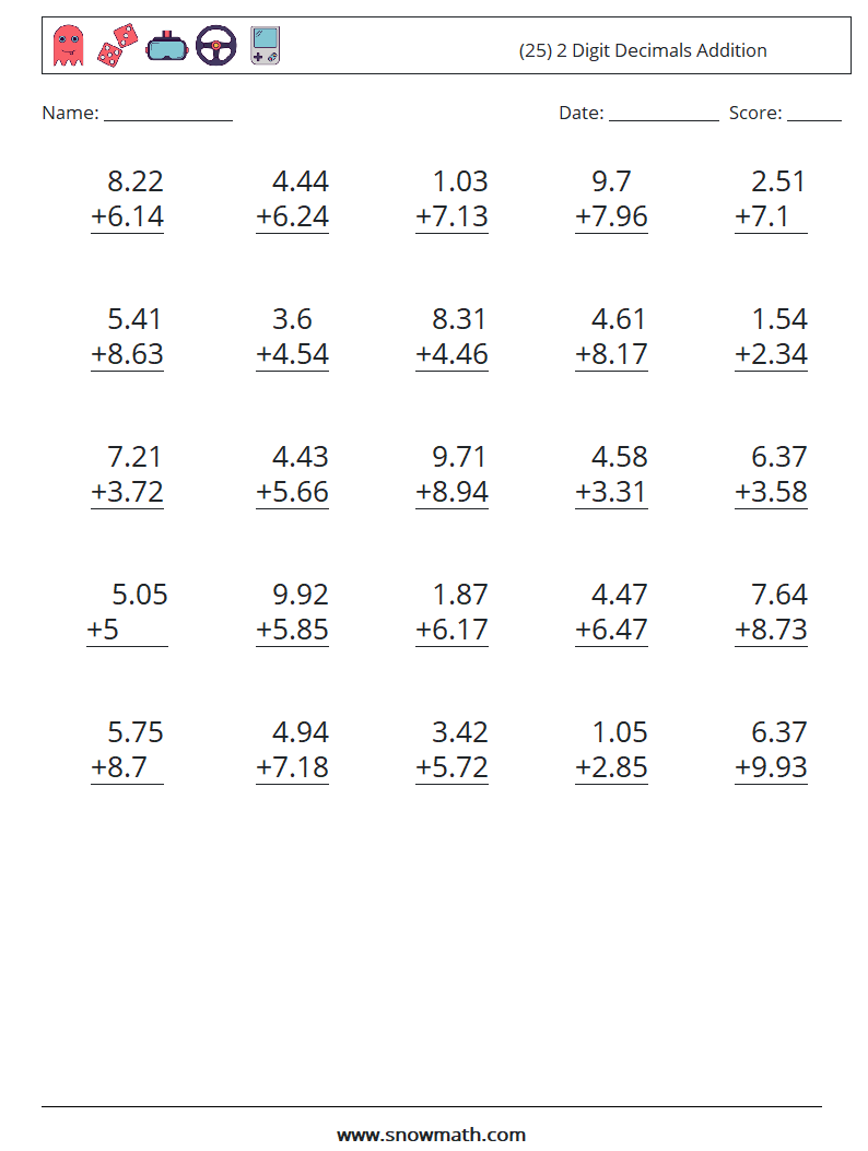 (25) 2 Digit Decimals Addition Math Worksheets 4