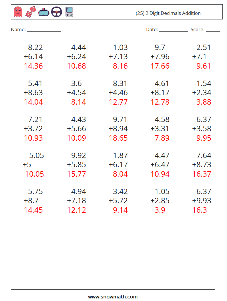 (25) 2 Digit Decimals Addition Math Worksheets 4 Question, Answer