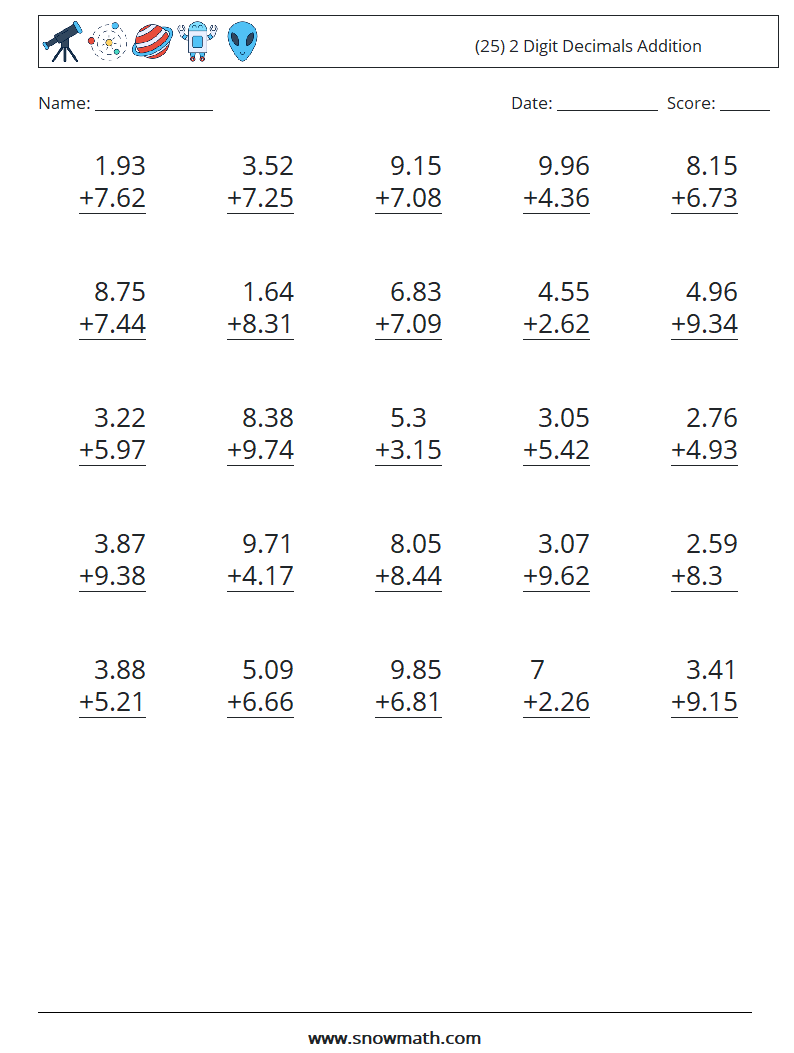 (25) 2 Digit Decimals Addition Math Worksheets 5