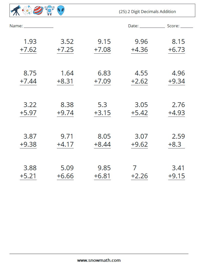 (25) 2 Digit Decimals Addition Maths Worksheets 5