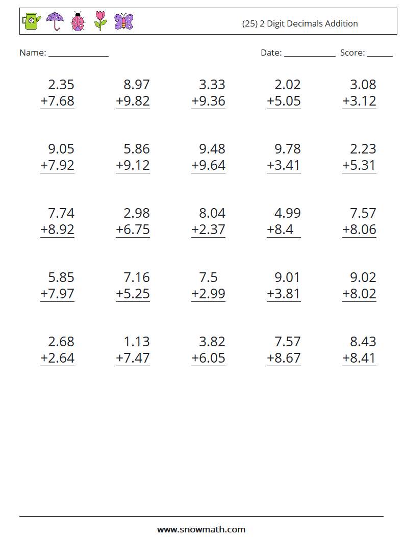 (25) 2 Digit Decimals Addition Math Worksheets 6