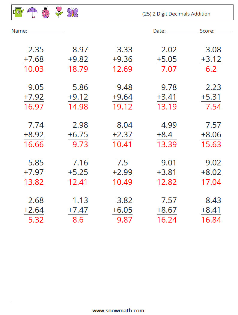 (25) 2 Digit Decimals Addition Math Worksheets 6 Question, Answer