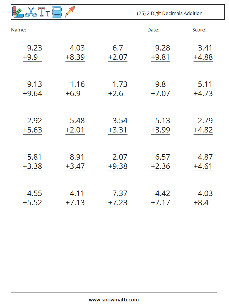 (25) 2 Digit Decimals Addition Maths Worksheets 7