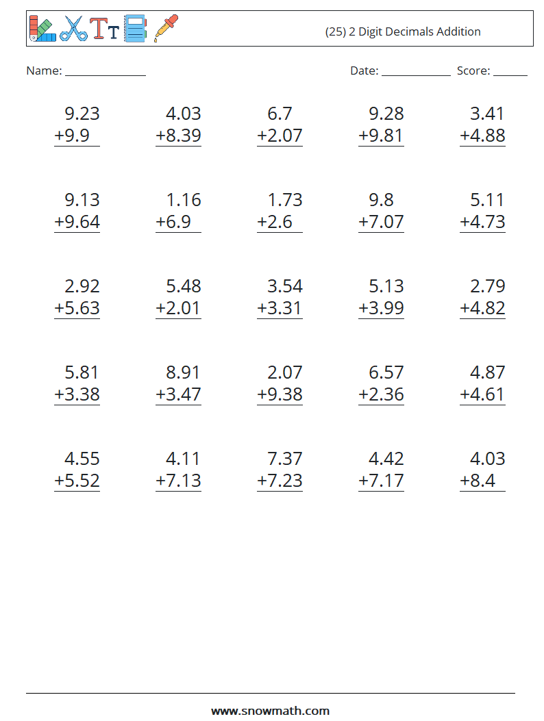 (25) 2 Digit Decimals Addition Math Worksheets 7