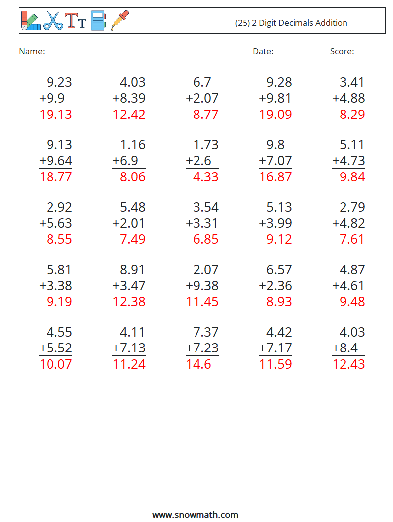 (25) 2 Digit Decimals Addition Math Worksheets 7 Question, Answer