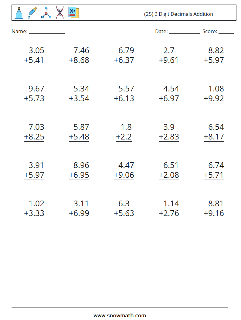 (25) 2 Digit Decimals Addition Math Worksheets 8