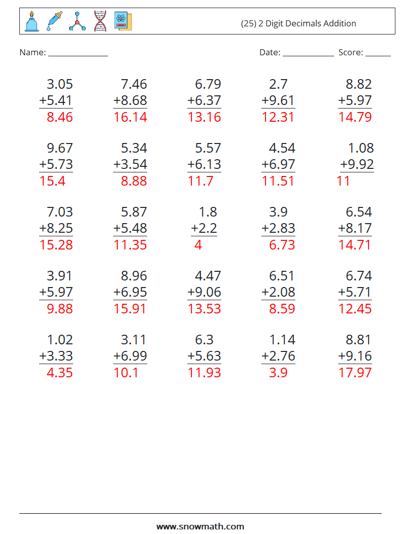 (25) 2 Digit Decimals Addition Math Worksheets 8 Question, Answer