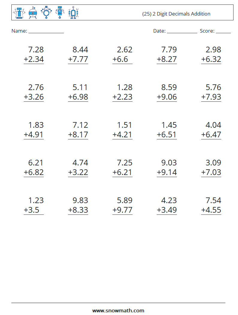 (25) 2 Digit Decimals Addition Math Worksheets 9