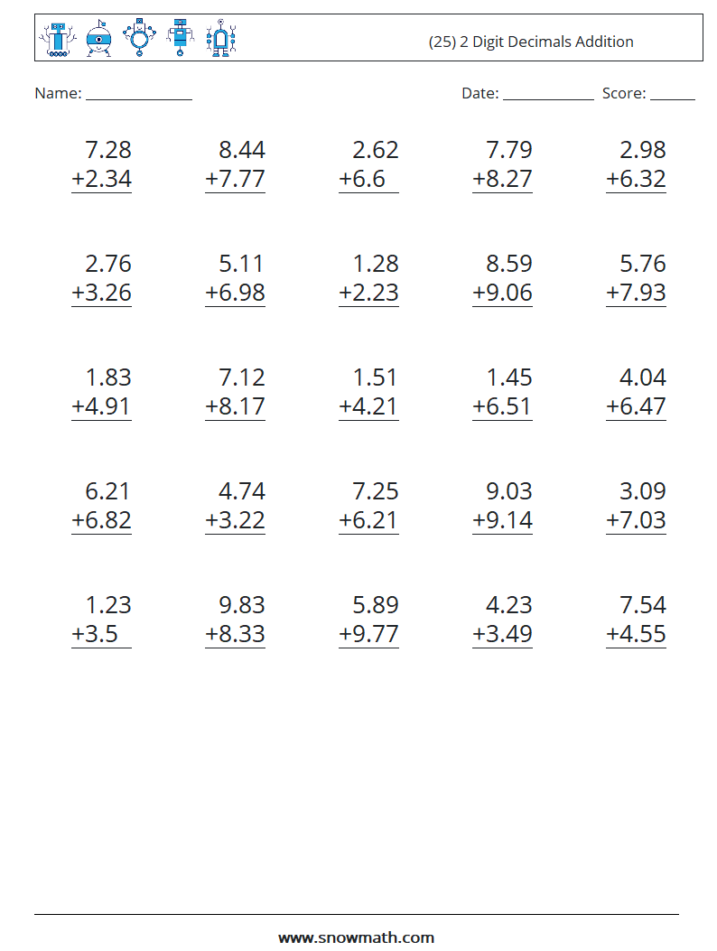 (25) 2 Digit Decimals Addition Maths Worksheets 9