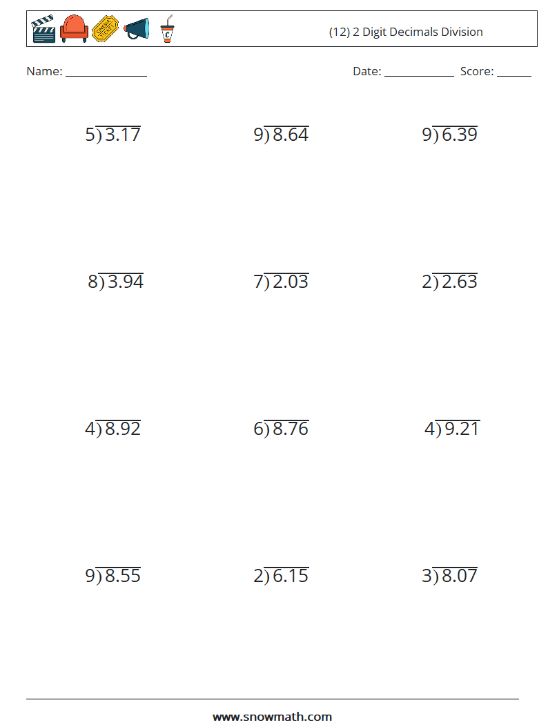 (12) 2 Digit Decimals Division Math Worksheets 11