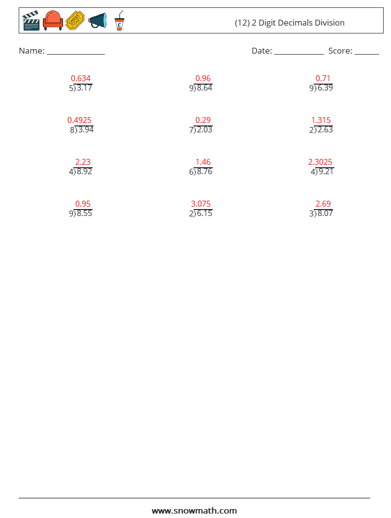 (12) 2 Digit Decimals Division Math Worksheets 11 Question, Answer