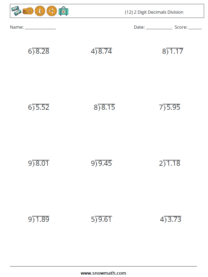 (12) 2 Digit Decimals Division Maths Worksheets 13