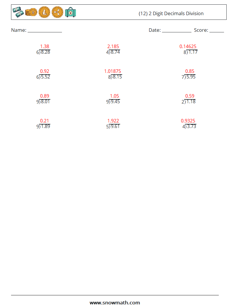 (12) 2 Digit Decimals Division Math Worksheets 13 Question, Answer