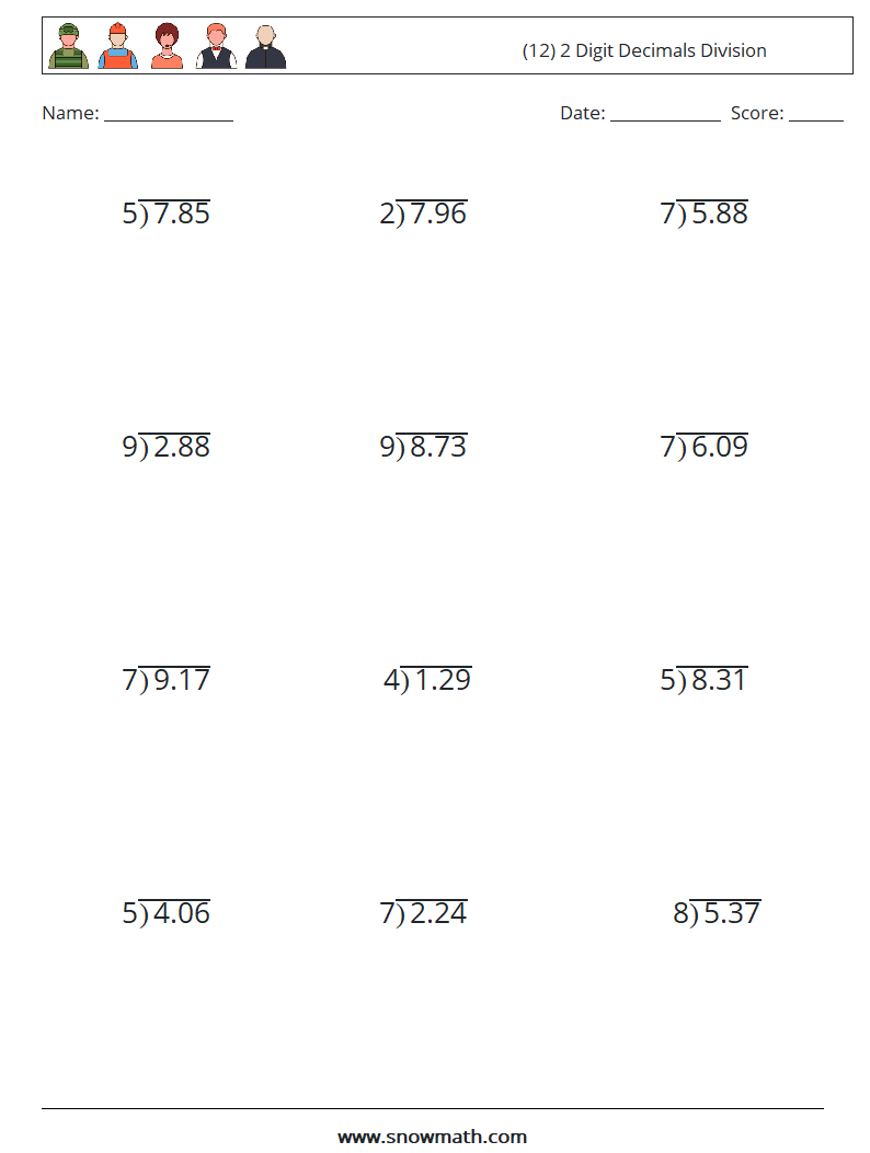 (12) 2 Digit Decimals Division Maths Worksheets 14