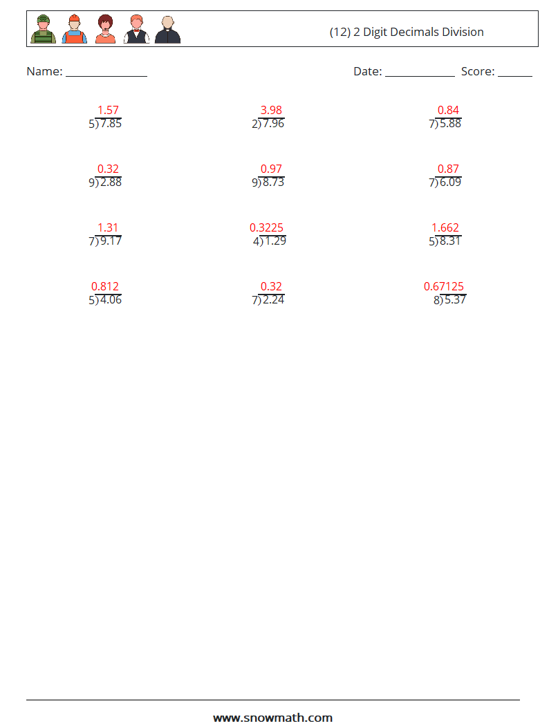 (12) 2 Digit Decimals Division Math Worksheets 14 Question, Answer