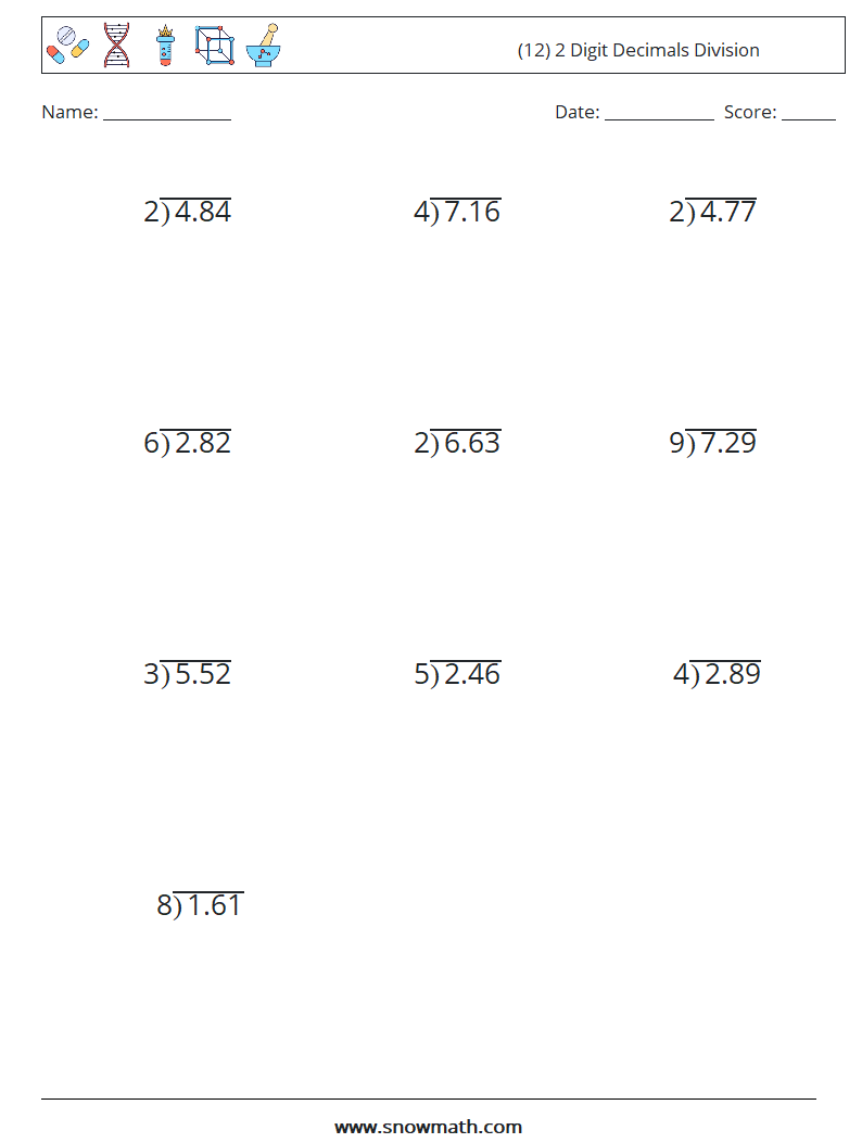 (12) 2 Digit Decimals Division Math Worksheets 16