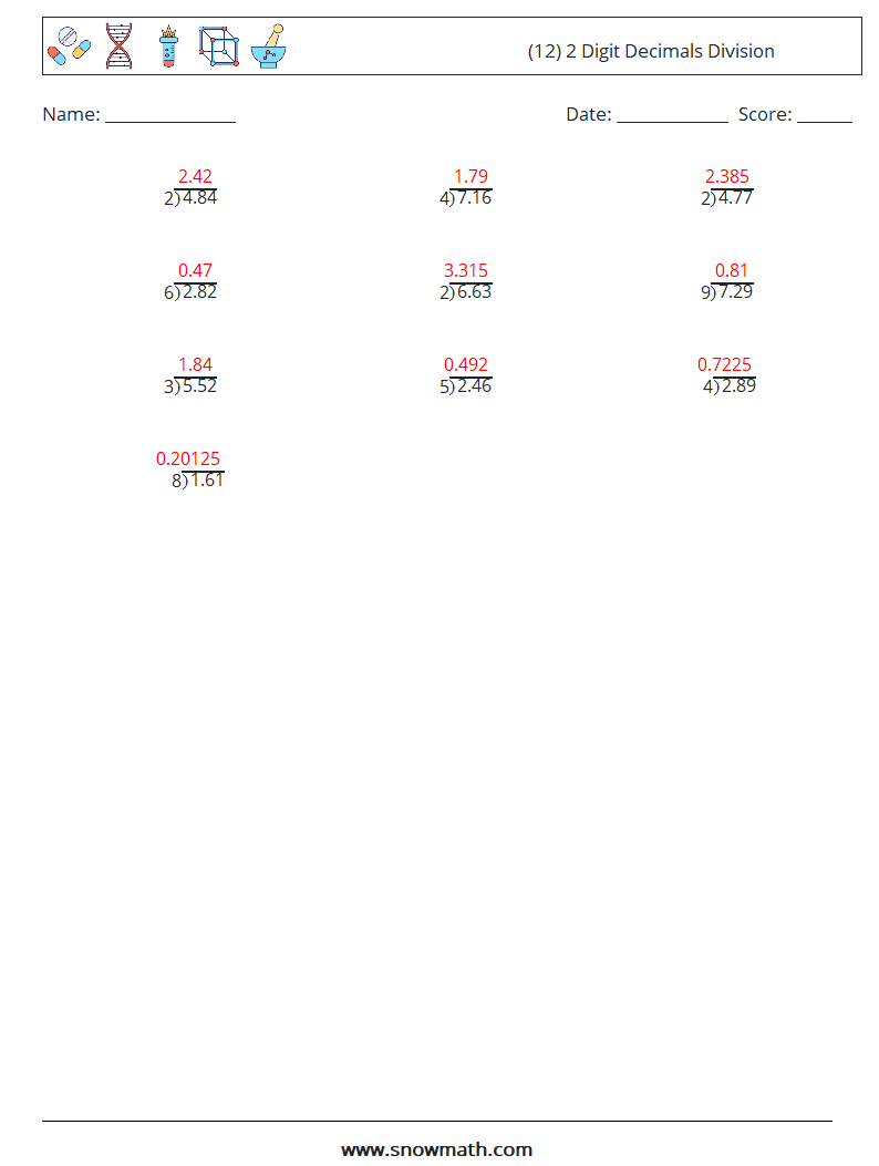 (12) 2 Digit Decimals Division Math Worksheets 16 Question, Answer