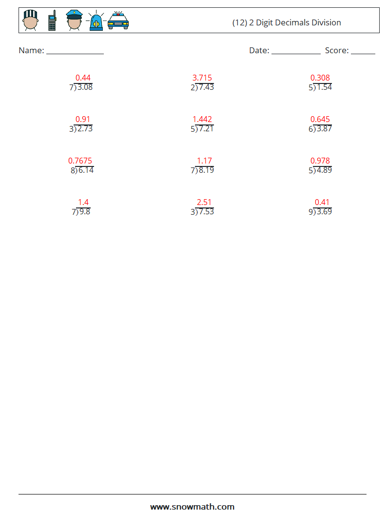 (12) 2 Digit Decimals Division Math Worksheets 17 Question, Answer