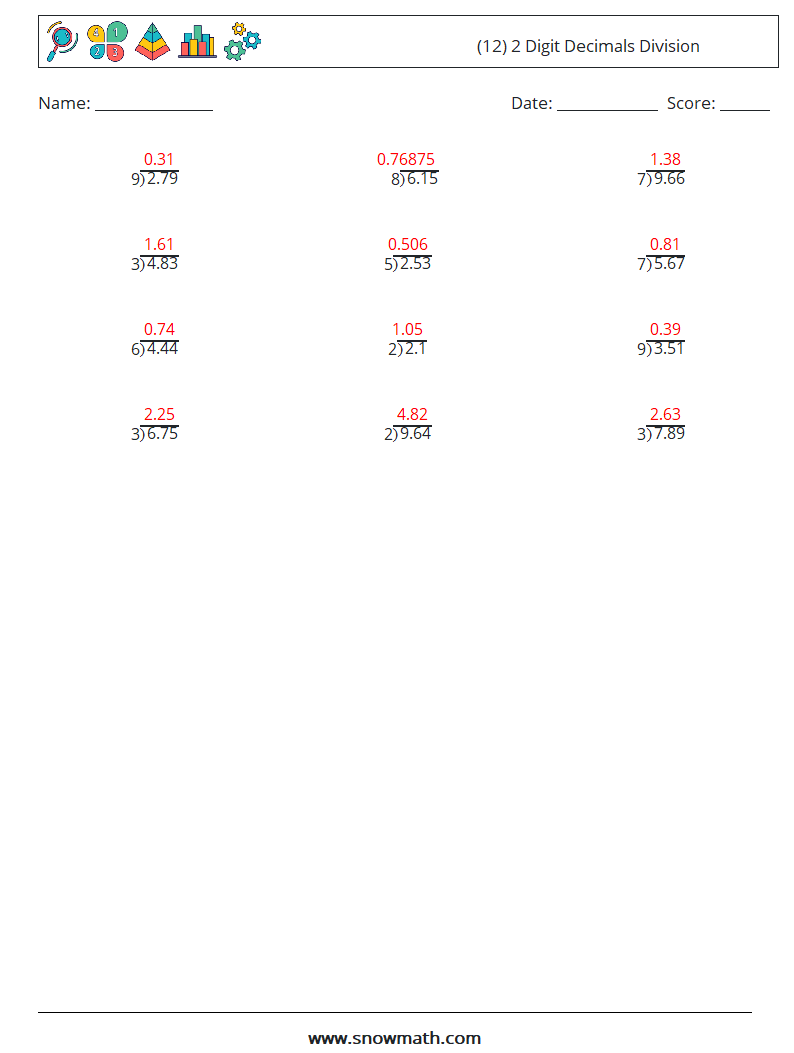 (12) 2 Digit Decimals Division Math Worksheets 18 Question, Answer