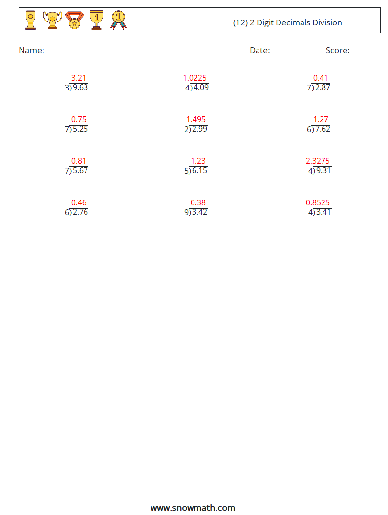 (12) 2 Digit Decimals Division Math Worksheets 1 Question, Answer