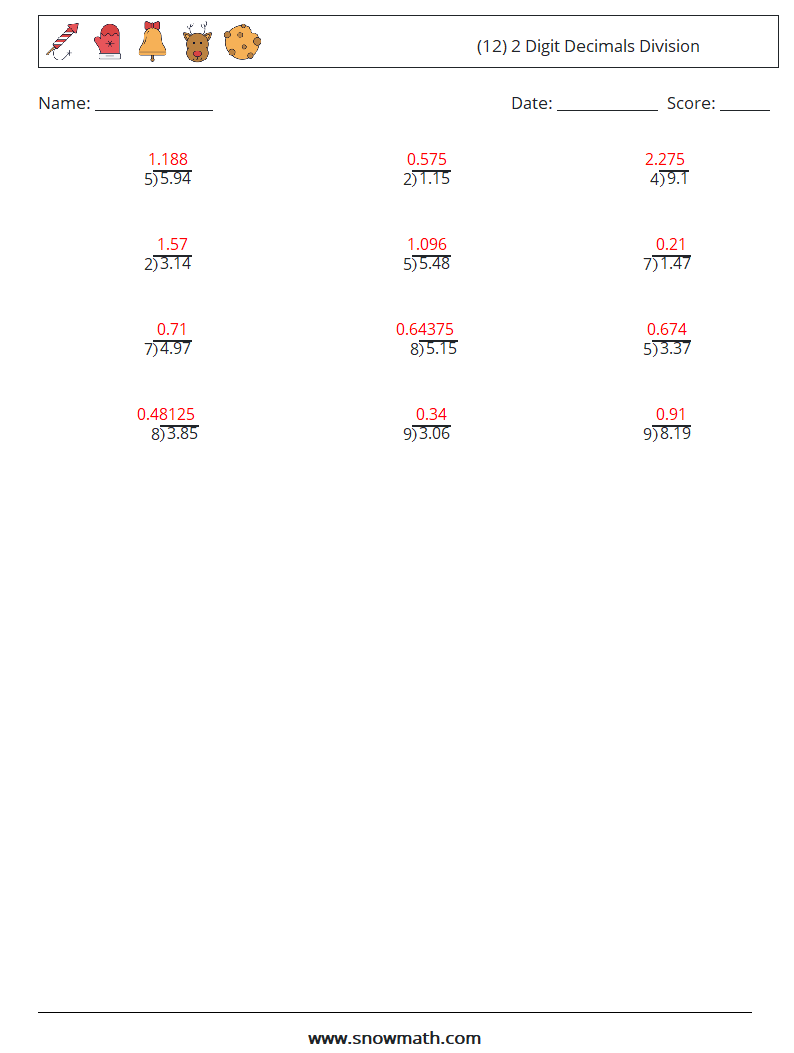 (12) 2 Digit Decimals Division Math Worksheets 2 Question, Answer