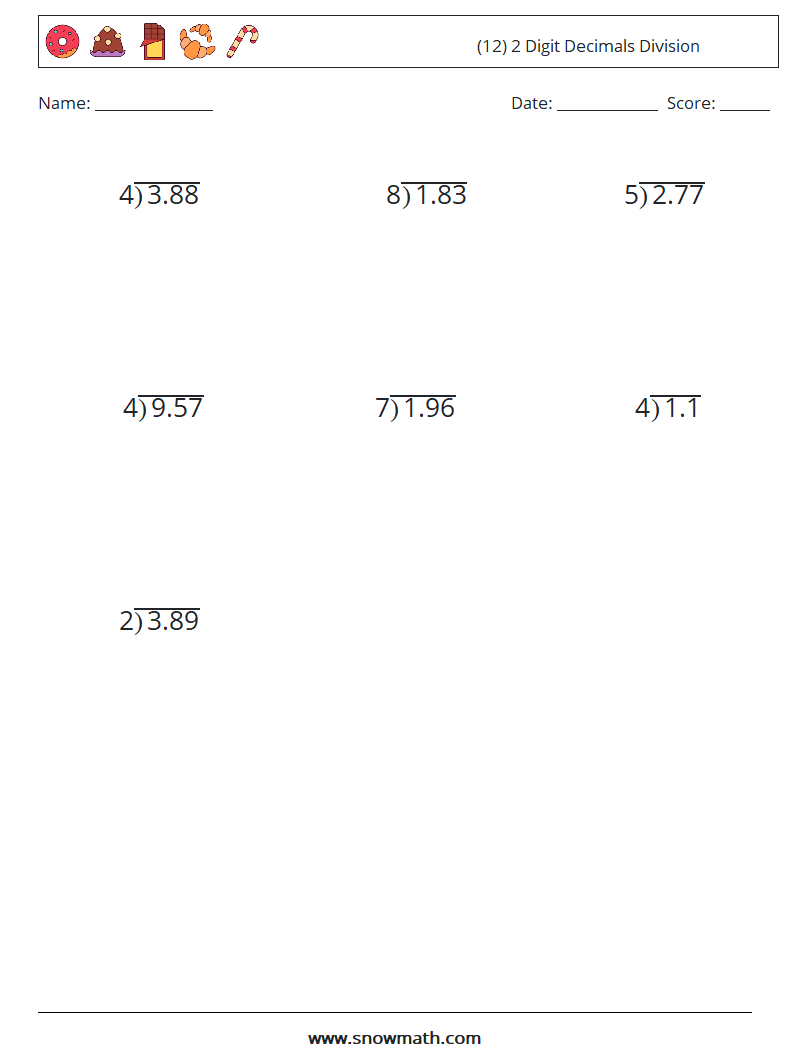 (12) 2 Digit Decimals Division Maths Worksheets 3