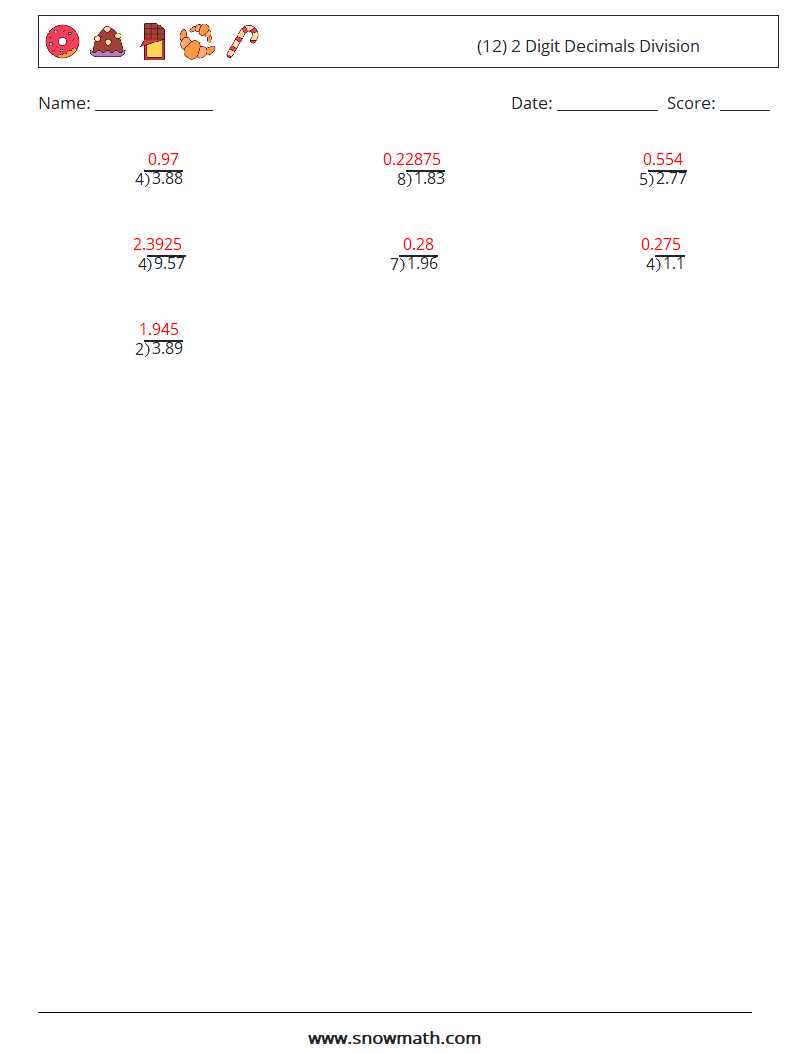 (12) 2 Digit Decimals Division Math Worksheets 3 Question, Answer