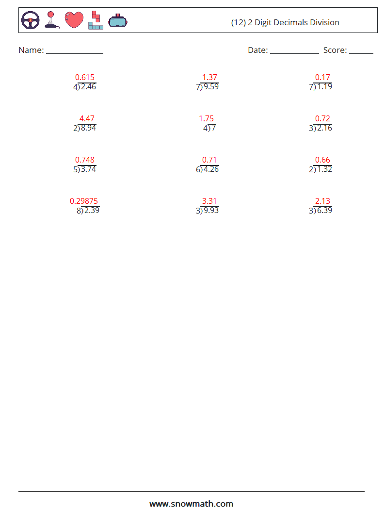 (12) 2 Digit Decimals Division Math Worksheets 4 Question, Answer