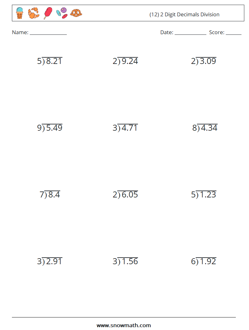 (12) 2 Digit Decimals Division Math Worksheets 5