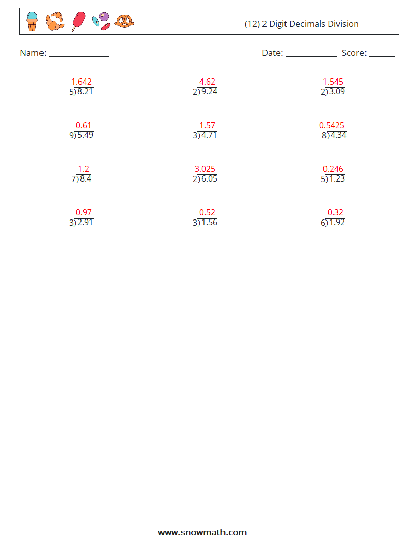 (12) 2 Digit Decimals Division Math Worksheets 5 Question, Answer
