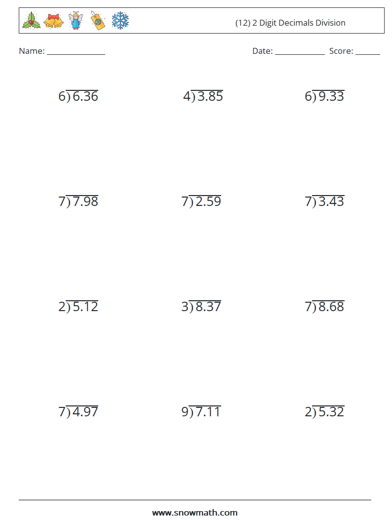 (12) 2 Digit Decimals Division Maths Worksheets 6