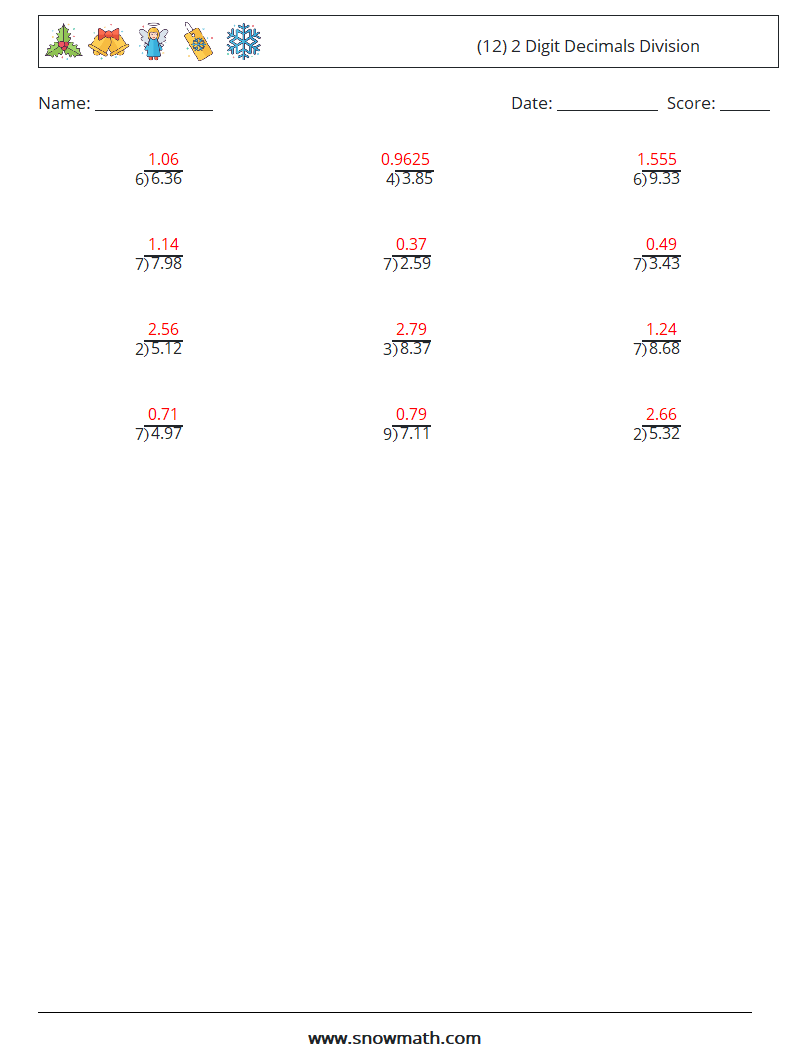 (12) 2 Digit Decimals Division Math Worksheets 6 Question, Answer