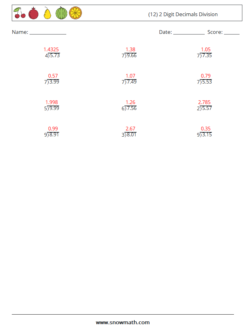 (12) 2 Digit Decimals Division Math Worksheets 7 Question, Answer