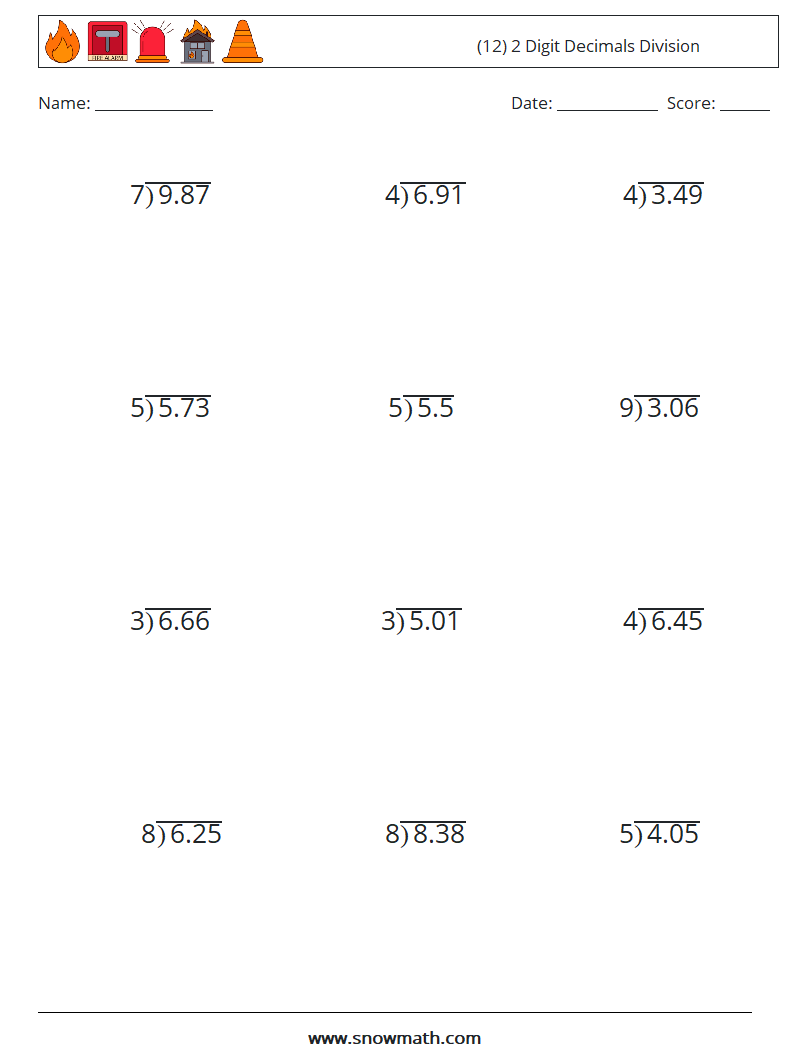 (12) 2 Digit Decimals Division Maths Worksheets 8