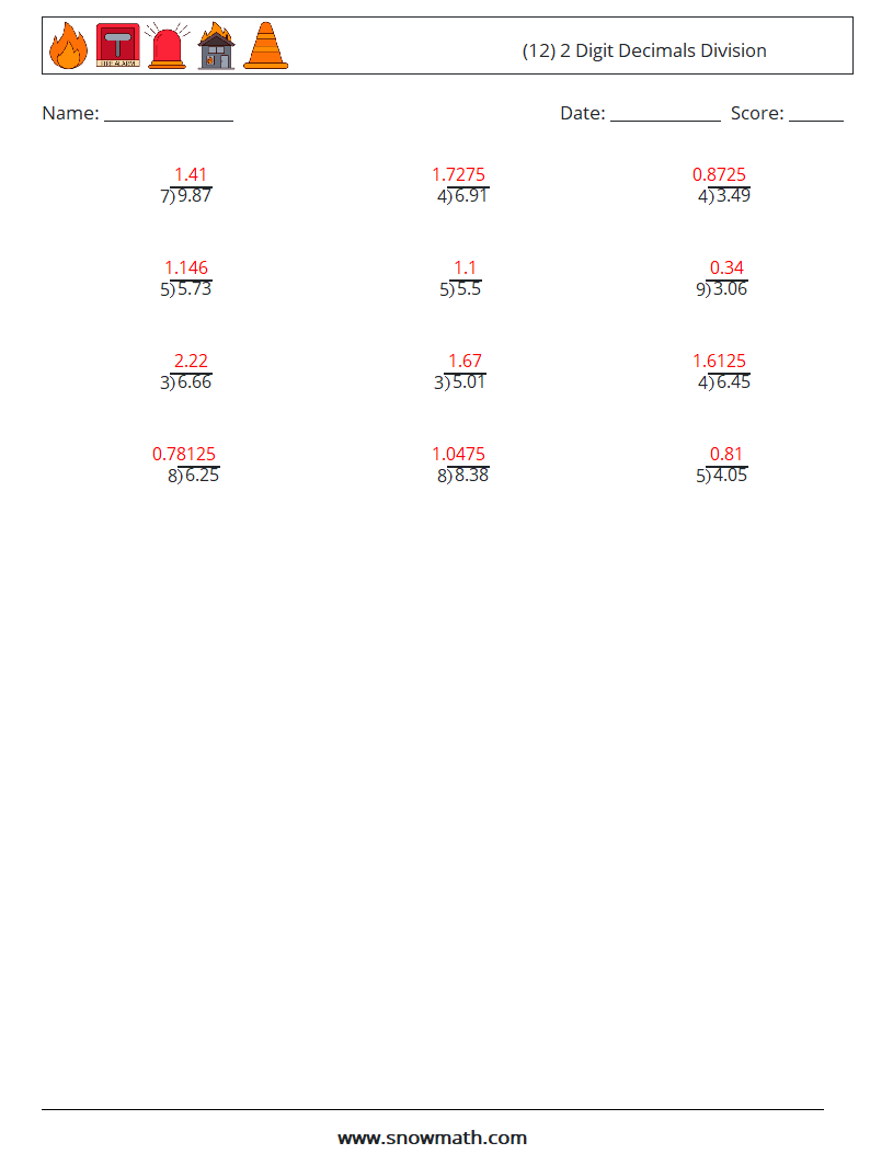 (12) 2 Digit Decimals Division Math Worksheets 8 Question, Answer