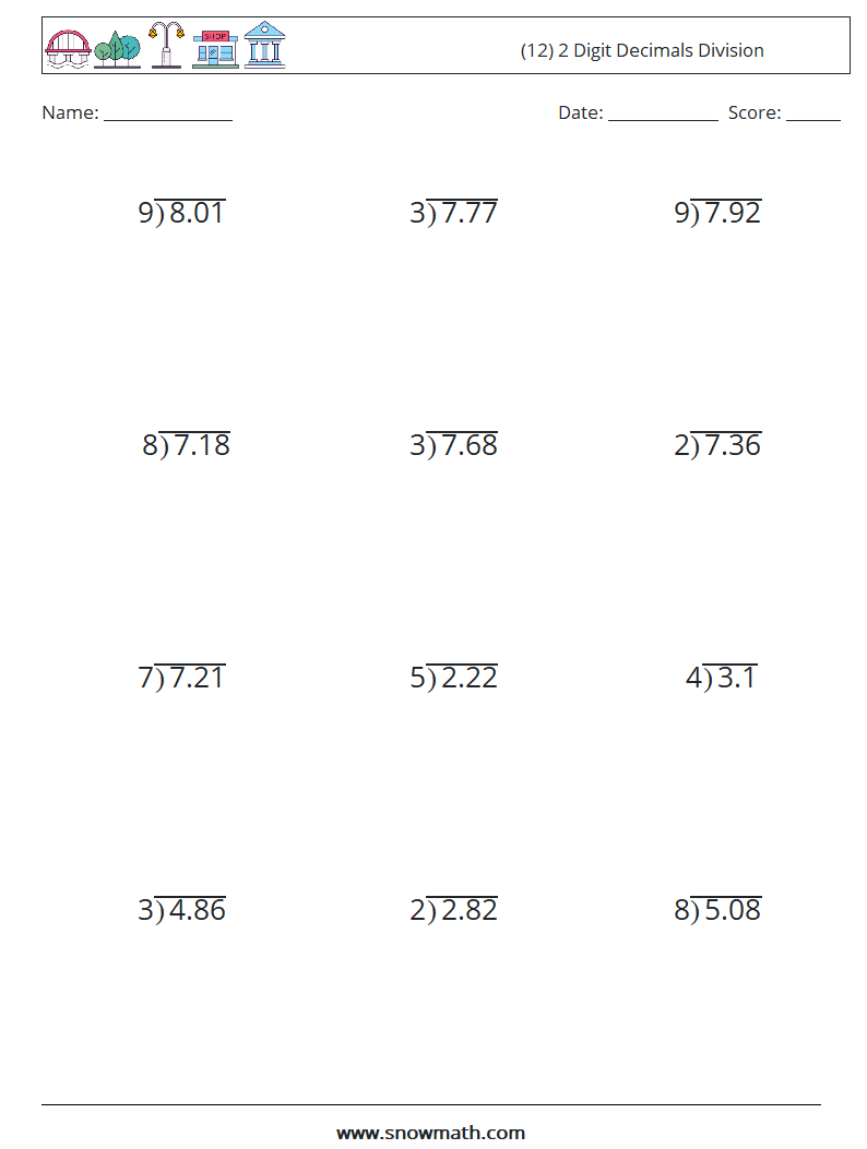 (12) 2 Digit Decimals Division Math Worksheets 9