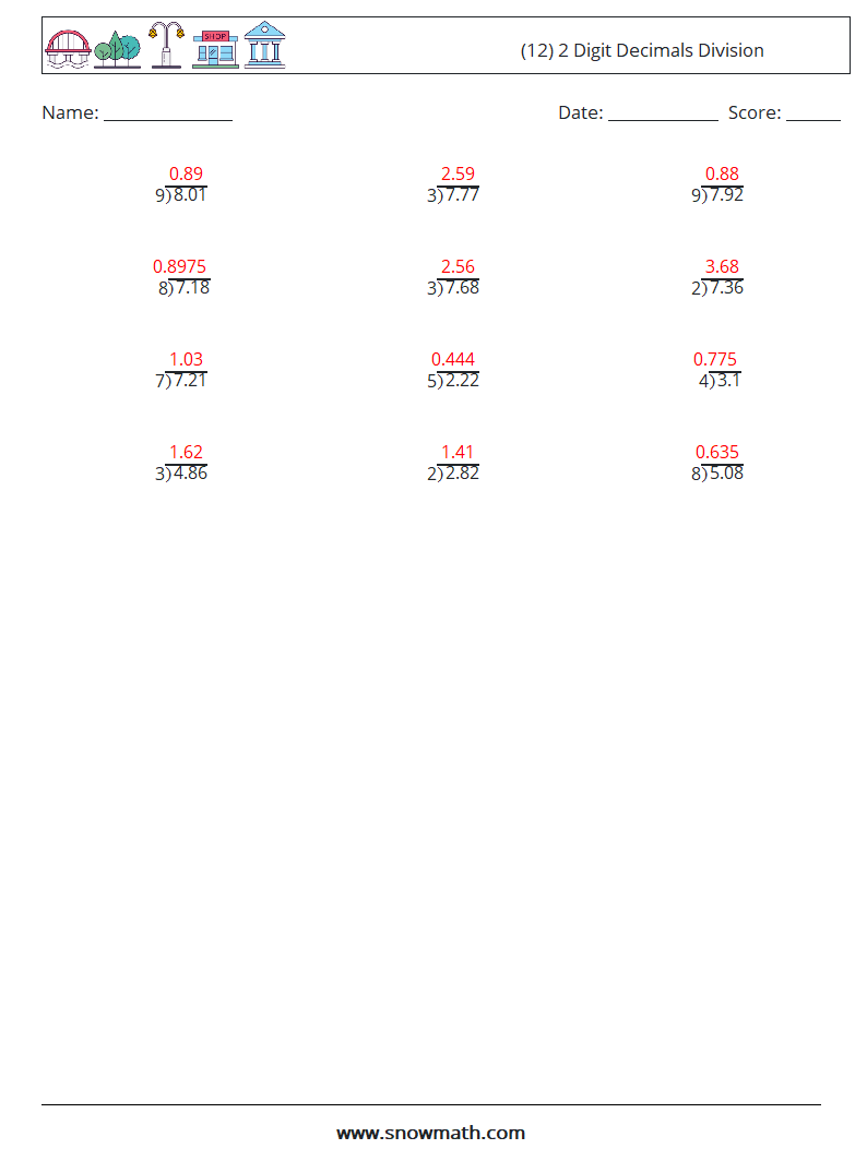 (12) 2 Digit Decimals Division Math Worksheets 9 Question, Answer