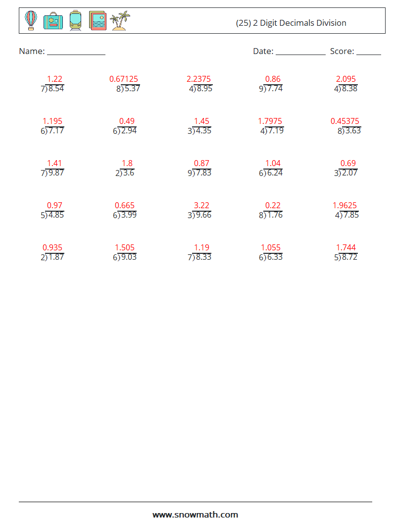 (25) 2 Digit Decimals Division Math Worksheets 10 Question, Answer