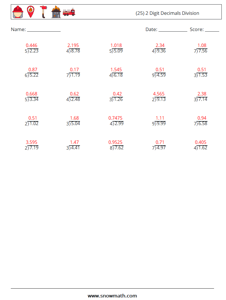 (25) 2 Digit Decimals Division Math Worksheets 11 Question, Answer