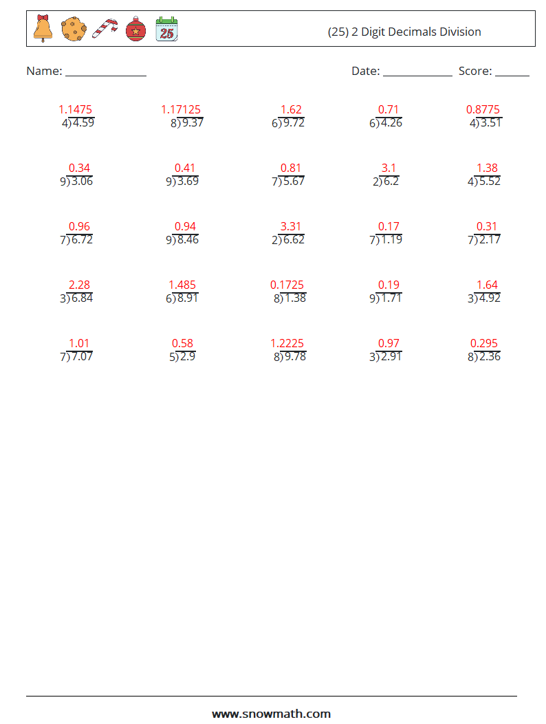 (25) 2 Digit Decimals Division Math Worksheets 1 Question, Answer