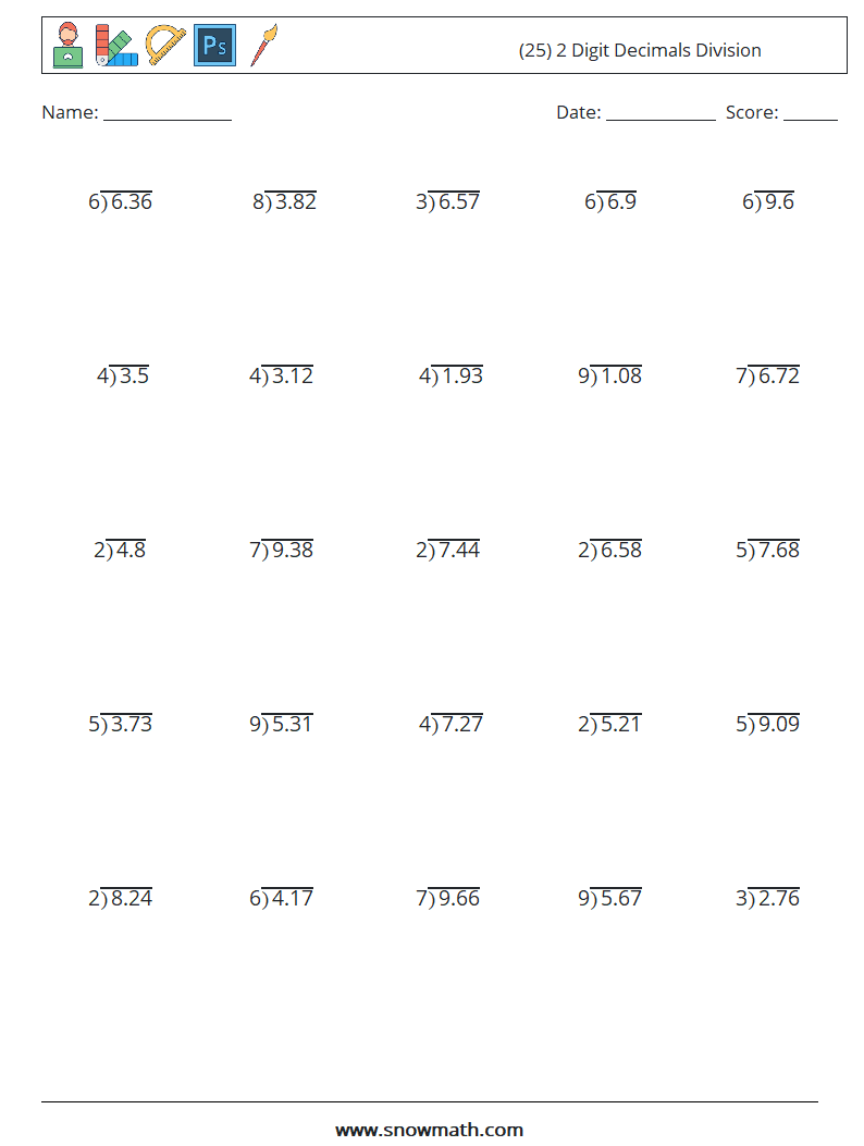 (25) 2 Digit Decimals Division Maths Worksheets 3